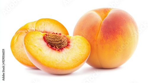 A ripe peach, whole and sliced to reveal the juicy orange flesh, isolated on a white background