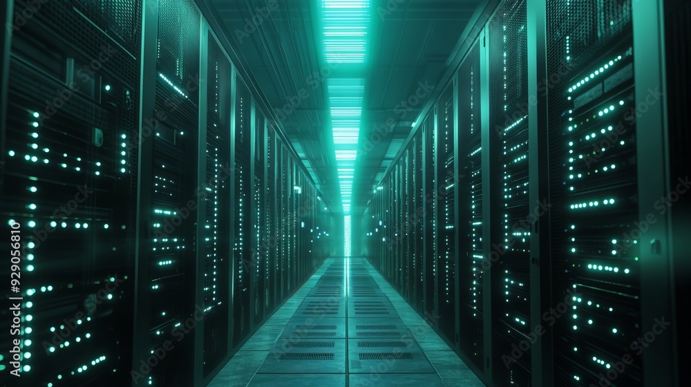 Data centers are filled with rows of servers, their blinking lights indicating constant processing. The scene is captured in high detail from a cinematic angle. Data centers are filled with rows of servers, their blinking lights indicating constant processing. The scene is captured in high detail from a cinematic angle.