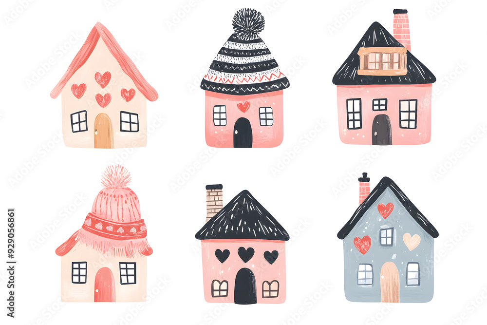 Cute tiny houses watercolor collection with warm winter hat isolated on a white background Cute tiny houses watercolor collection with warm winter hat isolated on a white background