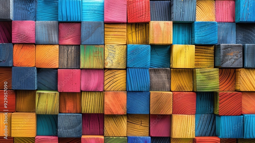 Colorful wooden blocks arranged in a vibrant pattern, perfect for showcasing creativity, playfulness, and artistic designs. Colorful wooden blocks arranged in a vibrant pattern, perfect for showcasing creativity, playfulness, and artistic designs.