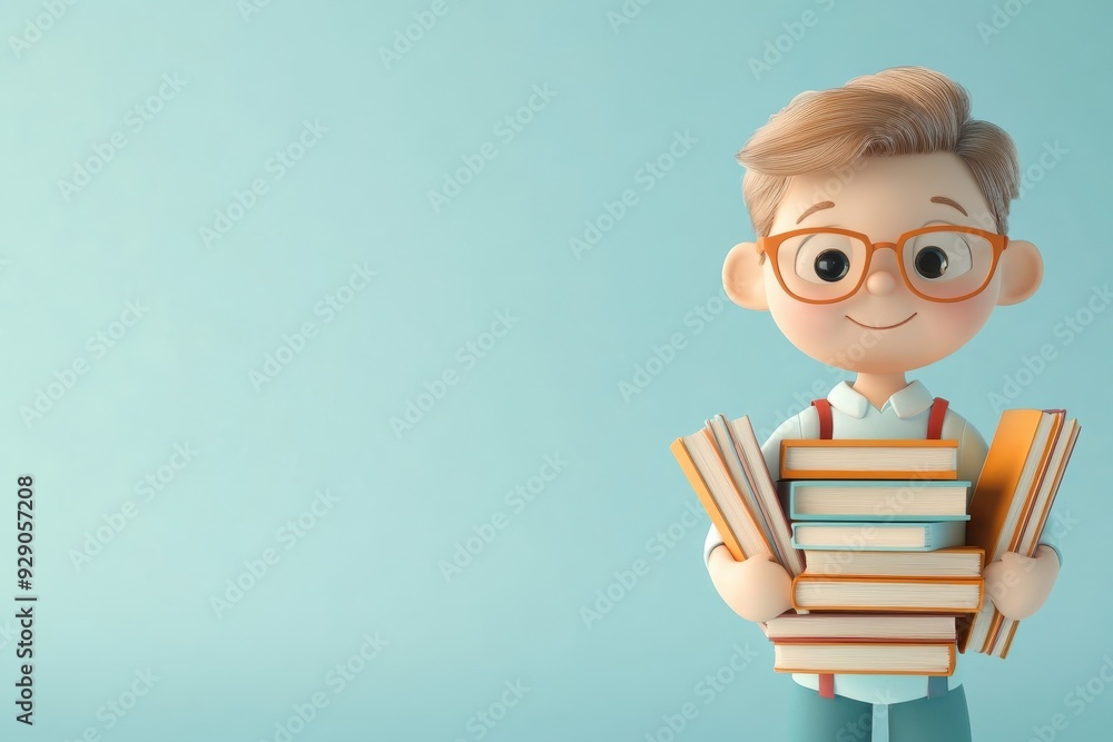 Cheerful 3D Cartoon Librarian with Books and Glasses on Light Background Cheerful 3D Cartoon Librarian with Books and Glasses on Light Background