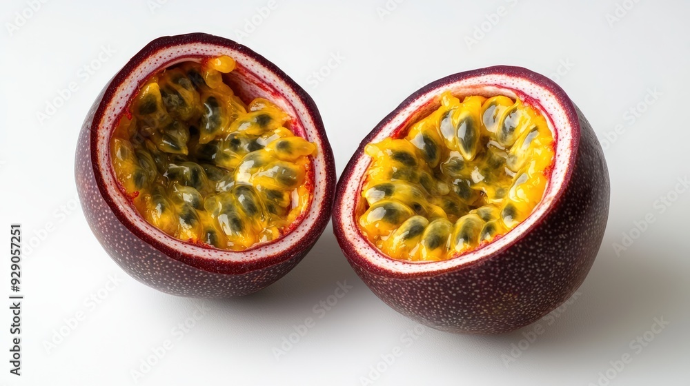 A ripe passion fruit, whole and halved to reveal its bright yellow seeds, isolated on a white background A ripe passion fruit, whole and halved to reveal its bright yellow seeds, isolated on a white background