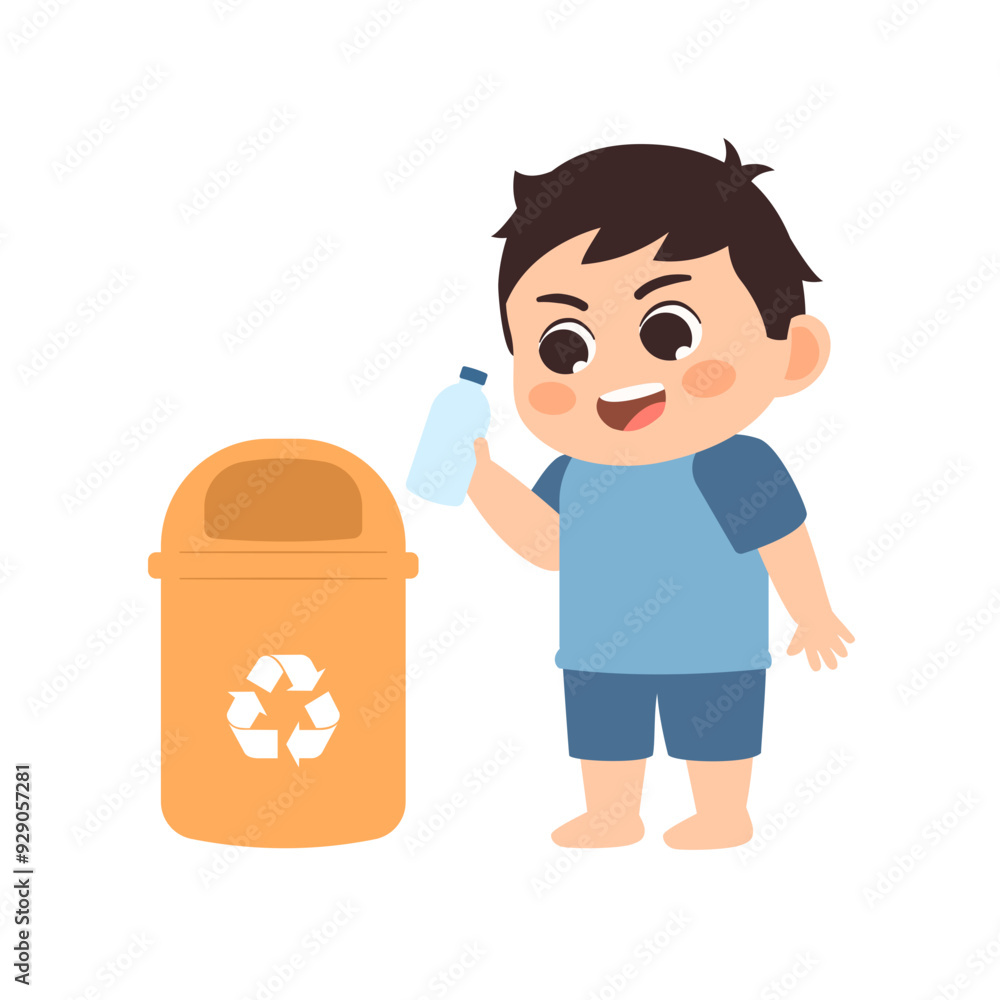 Cartoon illustration of a boy dispose recyclable waste Cartoon illustration of a boy dispose recyclable waste