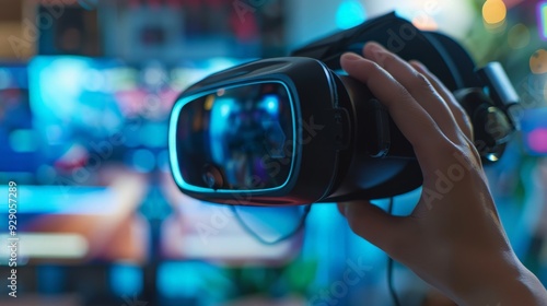 Close-up of a hand adjusting the lens of a VR headset with a blurred computer screen mockup