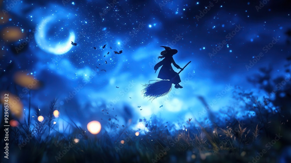 Witch flying on a broom through a video game landscape, night sky, 3D illustration Witch flying on a broom through a video game landscape, night sky, 3D illustration