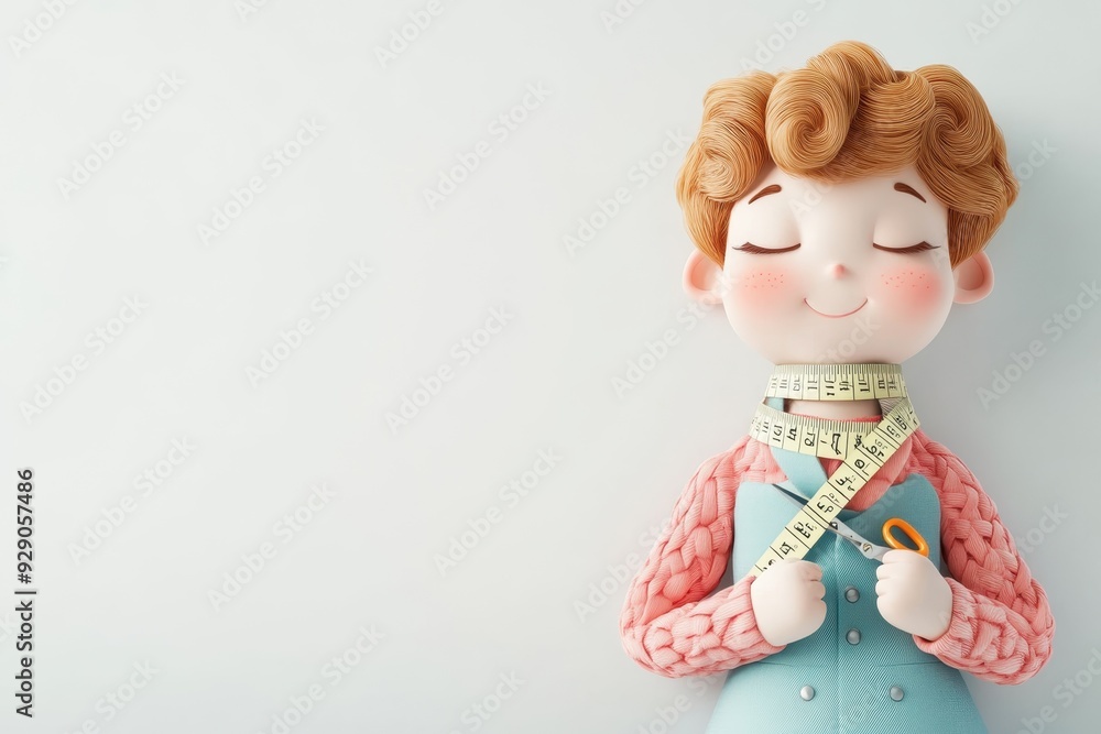 Fototapeta premium Playful 3D Cartoon Tailor Character with Measuring Tape and Scissors on White Background