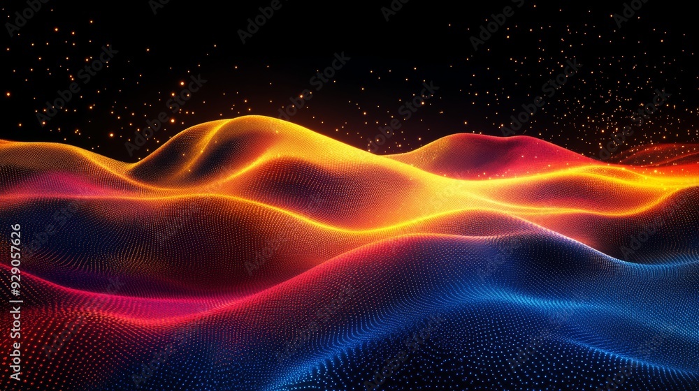 Obraz premium Grainy gradient background blue pink yellow abstract glowing color wave black dark backdrop noise texture. background for banner design