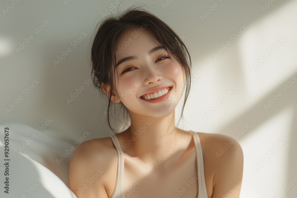 Beautiful young Asian woman smiling and happy created with Generative AI Beautiful young Asian woman smiling and happy created with Generative AI