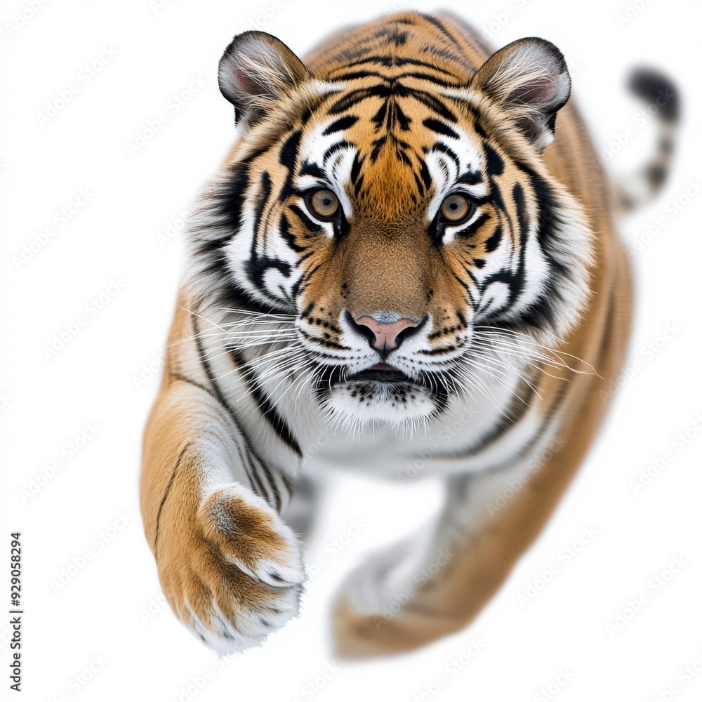 Obraz premium A fierce tiger running towards the viewer, showcasing its powerful build and striking orange and black stripes.