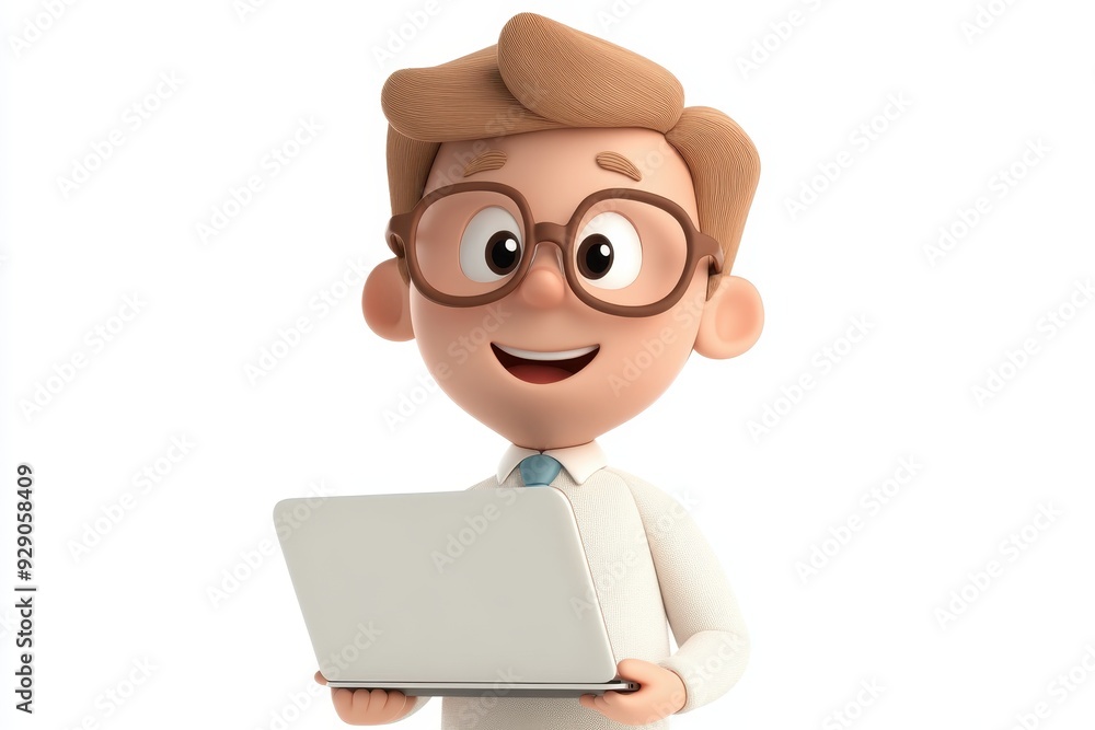 Smiling 3D Cartoon IT Specialist Holding Laptop with Glasses, Isolated on White Background Smiling 3D Cartoon IT Specialist Holding Laptop with Glasses, Isolated on White Background