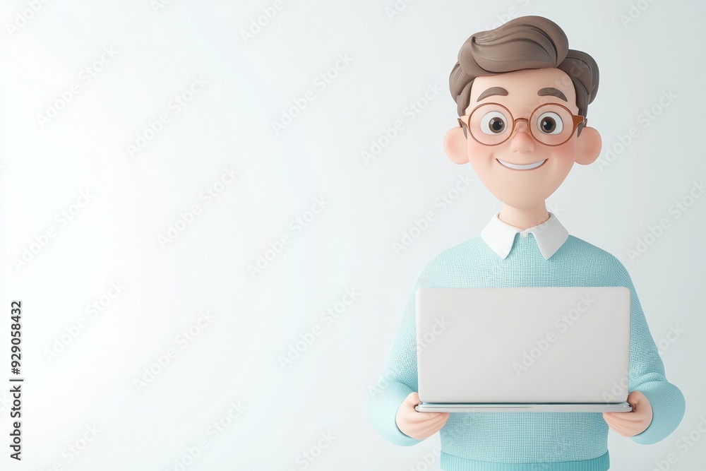 Cartoon IT Specialist in 3D Holding Laptop with Glasses - Technology Character Concept on White Background Cartoon IT Specialist in 3D Holding Laptop with Glasses - Technology Character Concept on White Background