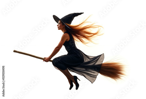 Magical Witch on a Flying Broomstick Isolated in White Background