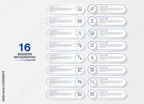 Modern infographic with 16 steps and business icons for presentation.
