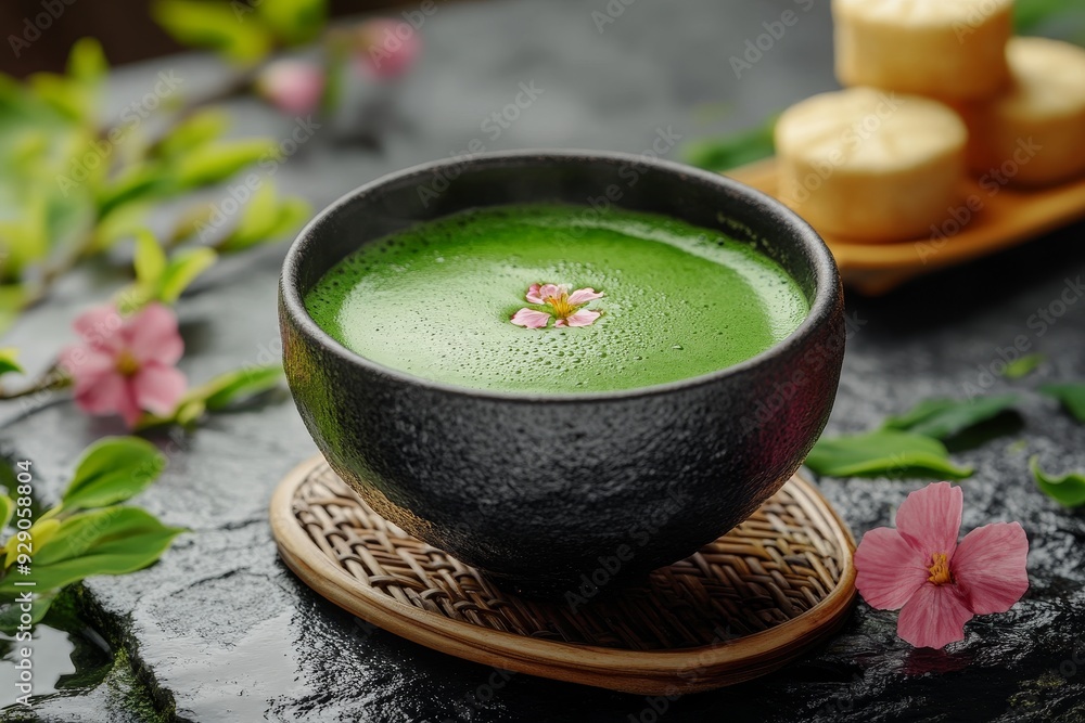 A serene black ceramic bowl of frothy matcha tea adorned with a delicate pink blossom, set on a woven mat with sakura branches A serene black ceramic bowl of frothy matcha tea adorned with a delicate pink blossom, set on a woven mat with sakura branches