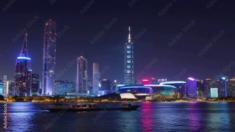 city skyline at night neon lights urban architectural landscape in Lujiazui, Shanghai a boat in the river at night city skyline at night neon lights urban architectural landscape in Lujiazui, Shanghai a boat in the river at night
