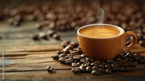 Aromatic cup of coffee on a wooden table with scattered coffee beans