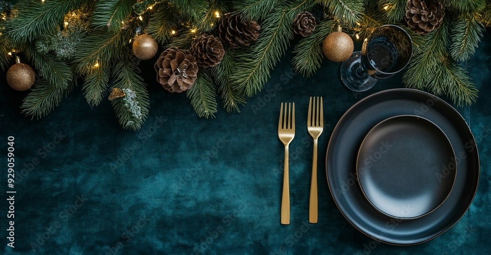 Elegant Christmas table setting with black plates, gold cutlery, pine branches, and ornaments on a dark green velvet tablecloth, festive and luxurious holiday decor, selective focus, copy space Elegant Christmas table setting with black plates, gold cutlery, pine branches, and ornaments on a dark green velvet tablecloth, festive and luxurious holiday decor, selective focus, copy space