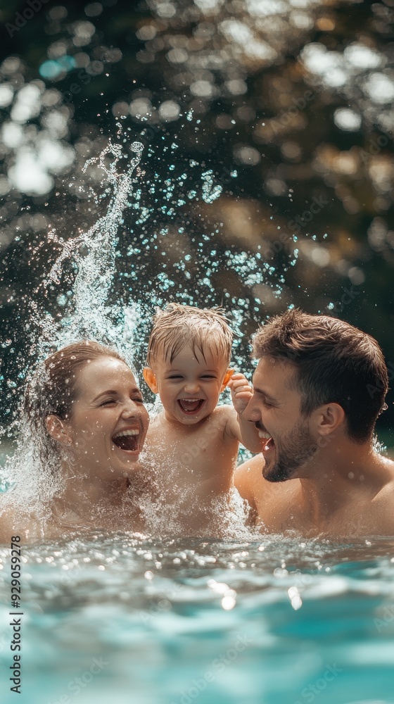 A happy family splashes water while playing together with their young child near a swimming pool A happy family splashes water while playing together with their young child near a swimming pool