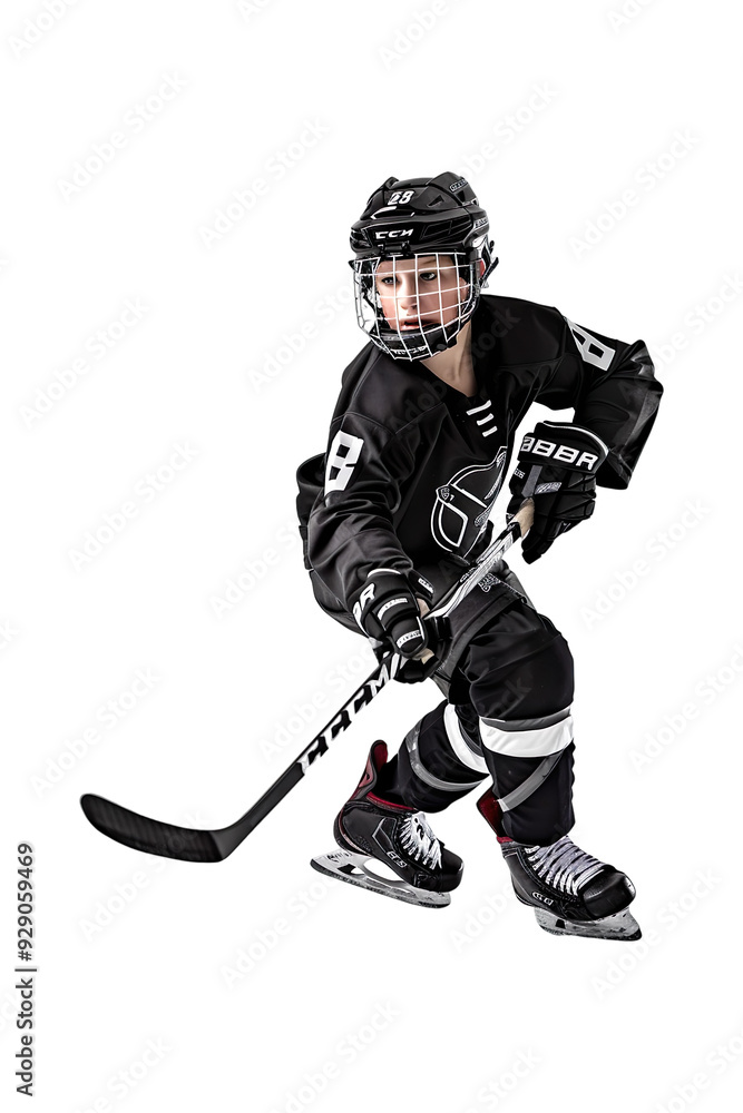 Full length profile shot of a boy in a black hockey uniform shooting a puck Isolated on transparent background.