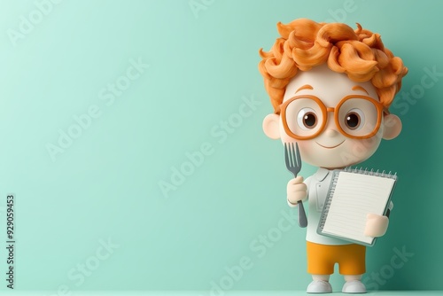 Cheerful 3D Cartoon Food Critic Reviewing Dish with Fork and Notebook, Isolated on Light Background photo