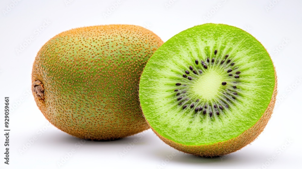 Fototapeta premium A ripe kiwifruit, with its green flesh and tiny black seeds, isolated on a white background, emphasizing its premium export quality
