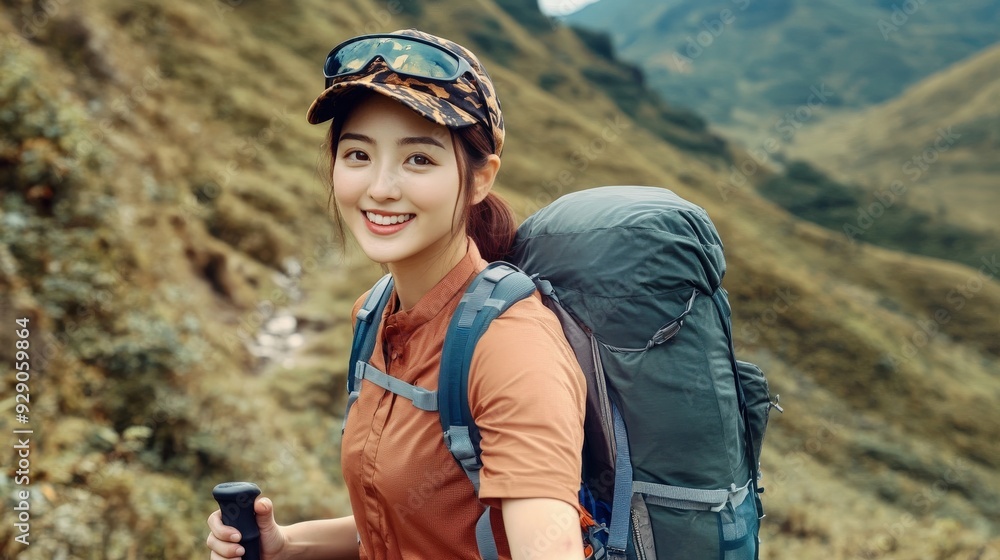 A woman is smiling and wearing a backpack while hiking up a mountain A woman is smiling and wearing a backpack while hiking up a mountain