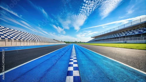 Racing track starting line with bright blue lane dividers, weathered pavement, and vacant lanes stretching into the distance under a clear blue sky. photo