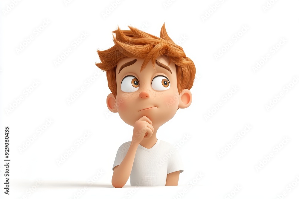 Curious 3D Cartoon Character in Thinking Pose on White Background Curious 3D Cartoon Character in Thinking Pose on White Background