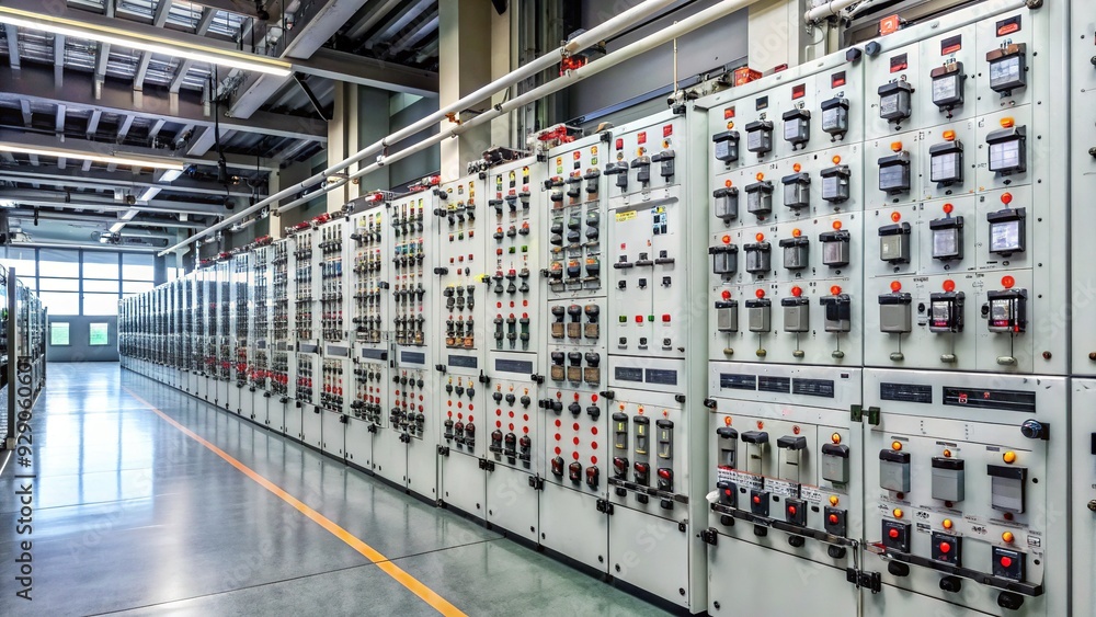 Rear view of a complex industrial electrical switchgear system with ...
