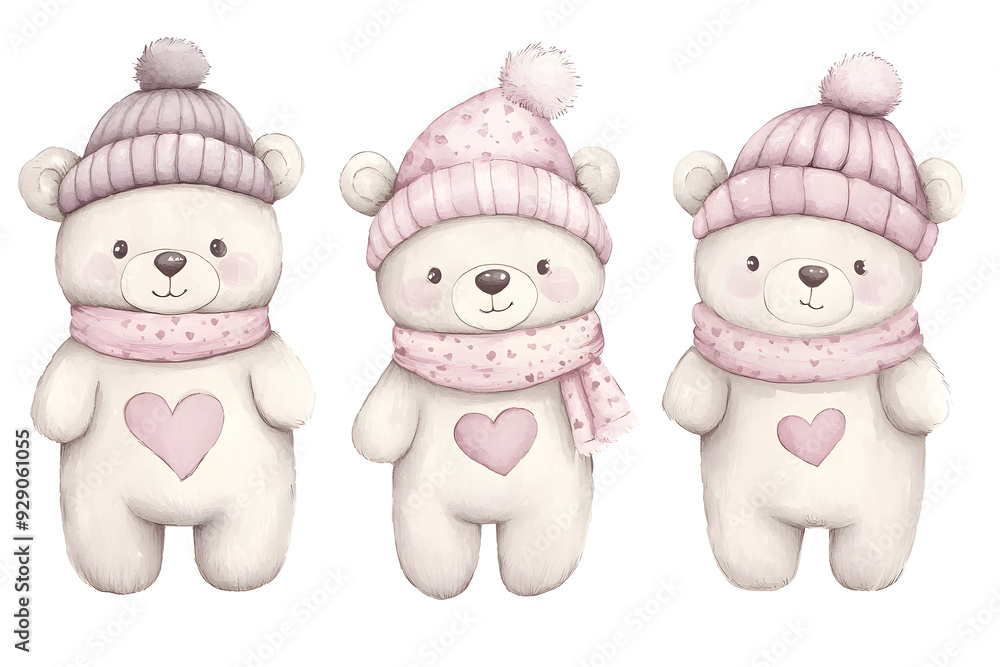 Cute teddy bear in warm hat and scarf watercolor set isolated on white background
Cute teddy bear in warm hat and scarf watercolor set isolated on white background