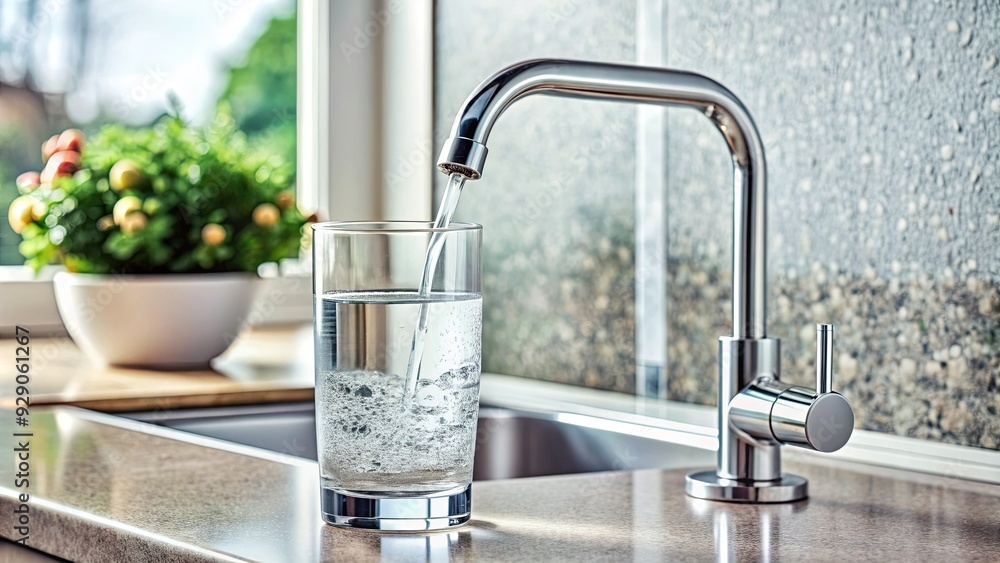 Refreshing glass of crystal clear water poured from a modern chrome faucet, sitting on a sleek granite countertop against a blurred white background. Refreshing glass of crystal clear water poured from a modern chrome faucet, sitting on a sleek granite countertop against a blurred white background.
