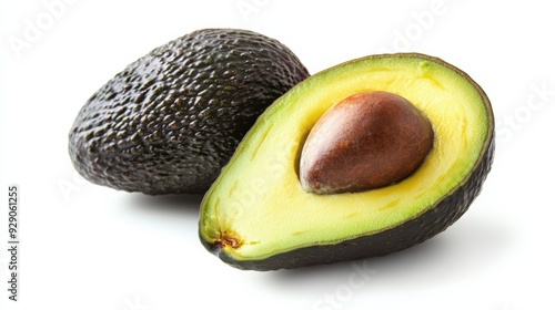 A ripe avocado, halved to reveal the creamy green flesh and seed, isolated on a white background, highlighting its export quality