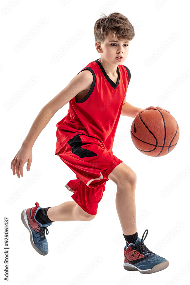 Full length profile shot of a boy in a red basketball uniform dribbling Isolated on transparent background. Full length profile shot of a boy in a red basketball uniform dribbling Isolated on transparent background.