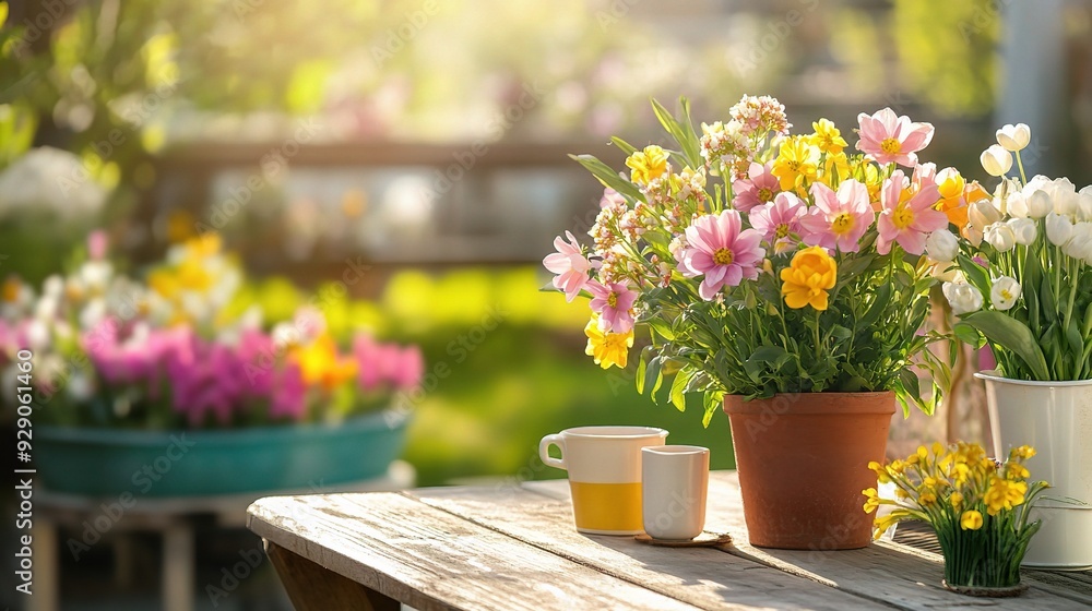 Fototapeta premium Sunlit Garden Table: A rustic wooden table in a vibrant garden setting, adorned with a terracotta pot of colorful flowers