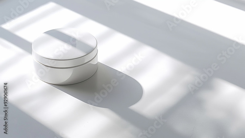 Podium pedestal for cosmetic product packaging on blue background Showcase for jewellery 