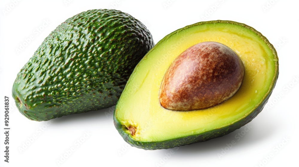 A ripe avocado, halved to display the smooth seed and creamy green flesh, isolated on a white background, emphasizing its export quality A ripe avocado, halved to display the smooth seed and creamy green flesh, isolated on a white background, emphasizing its export quality