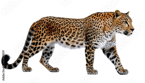 Isolated spotted leopard cub, a young panther, stares intently in portrait against pristine white backdrop