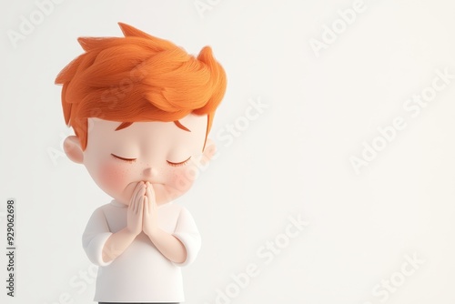 Adorable 3D Cartoon Character Expressing Guilt with Head Bowed and Hands Clasped on White Background photo