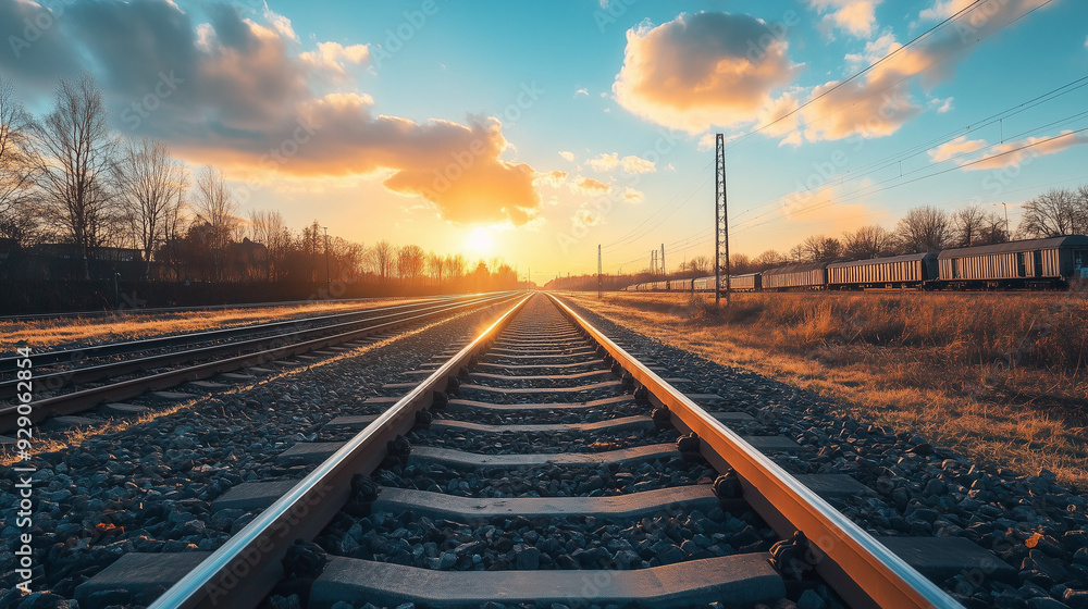 Obraz premium Captivating image of railway tracks at sunset, showcasing a tranquil landscape with vibrant skies and distant horizon. Perfect for themes of travel, tranquility, and nature's beauty.