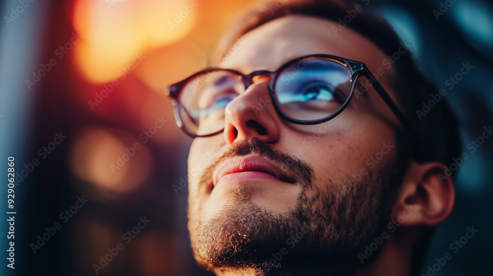 A close-up portrait of a thoughtful young man wearing glasses, looking upwards with a blurred urban background, evoking curiosity and inspiration. A close-up portrait of a thoughtful young man wearing glasses, looking upwards with a blurred urban background, evoking curiosity and inspiration.