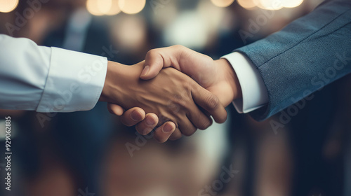 Close-up image of two business people shaking hands in a formal setting. Represents partnership, agreement, and professional collaboration in a business context.