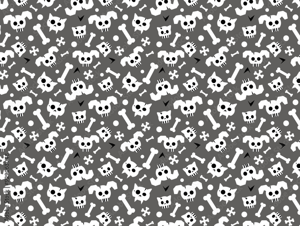 Fun Halloween Seamless pattern with cat and dog skulls and bones on gray background. Cute simple flat pattern for textile, wrapping, wallpaper Fun Halloween Seamless pattern with cat and dog skulls and bones on gray background. Cute simple flat pattern for textile, wrapping, wallpaper