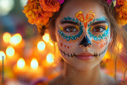 Vibrant portrait of a young Mexican girl adorned with colorful face paint and flowers, celebrating the cultural Day of the Dead festival with candles illuminating the background.