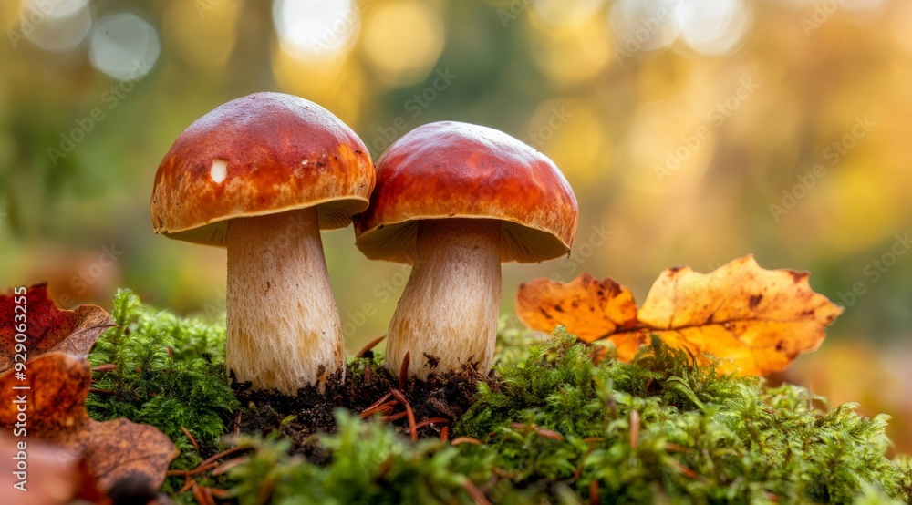 In a serene autumn setting, two mushrooms are surrounded by vibrant and colorful leaves, creating a calm scene In a serene autumn setting, two mushrooms are surrounded by vibrant and colorful leaves, creating a calm scene