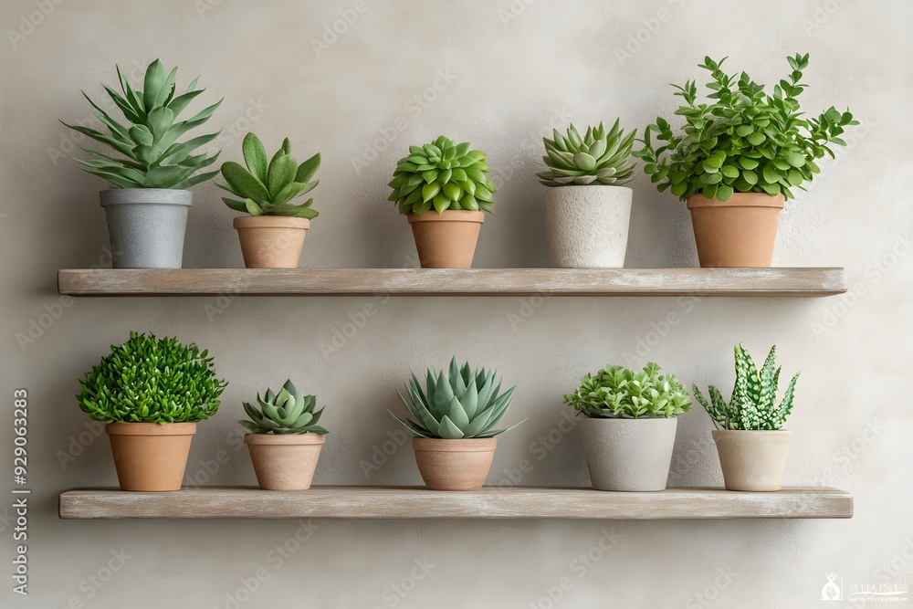 Potted Succulents and Cacti Arranged on Rustic Wooden Shelves in Minimalist Zen Garden Aesthetic Potted Succulents and Cacti Arranged on Rustic Wooden Shelves in Minimalist Zen Garden Aesthetic