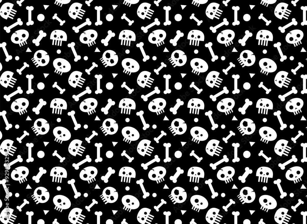 Fun Halloween Seamless pattern with human skulls and bones on black background. Cute simple flat pattern for textile, wrapping, wallpaper. Fun Halloween Seamless pattern with human skulls and bones on black background. Cute simple flat pattern for textile, wrapping, wallpaper.