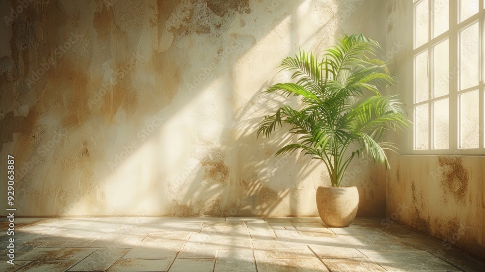 Sunlit Room with Potted Plant by Window in Rustic Interior with Textured Walls and Tiled Floor Sunlit Room with Potted Plant by Window in Rustic Interior with Textured Walls and Tiled Floor