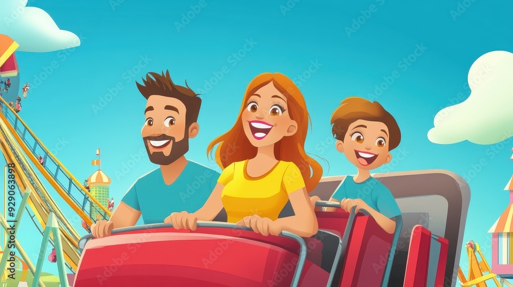 Fototapeta premium A family laughs together while riding a roller coaster, experiencing the excitement of the amusement park