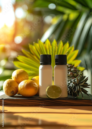 One Vitamin supplement with black lids and white bottle stickers in the middle, The background is lifestyle scense,noni fruit ,bright tone 
 photo