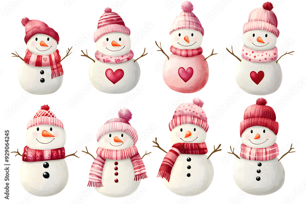 Snowman cute cartoon watercolor Illustration collection isolated on white. Cheerful snowmen in different costumes. Winter holidays set Snowman cute cartoon watercolor Illustration collection isolated on white. Cheerful snowmen in different costumes. Winter holidays set